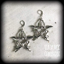 Load image into Gallery viewer, Bat earrings Pentagram earrings Halloween earrings Emo earrings Gothic jewelry 3mm plug earrings 6mm tunnel earrings 4mm 5mm 8mm ear hangers