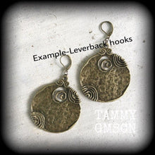 Load image into Gallery viewer, Voodoo earrings, Large bronze earrings, Tribal earrings, Ornate bronze earrings, Ogoun jewelry, Tunnel earrings, Plug earrings, Loa jewelry