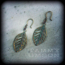Load image into Gallery viewer, Leaf earrings Goddess jewelry Nature jewelry Plug earrings Patina earrings Wicca jewelry Gauged earrings 3mm tunnel dangles 8mm plug dangles