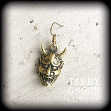 Load image into Gallery viewer, Hannya Mask earring, Single earring, Japanese earrings, Tattoo jewelry, Tunnel earring, Hannya jewelry, Oni Mask, Bronze weight, Kawaii