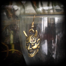 Load image into Gallery viewer, Hannya Mask earring, Single earring, Japanese earrings, Tattoo jewelry, Tunnel earring, Hannya jewelry, Oni Mask, Bronze weight, Kawaii