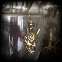 Load image into Gallery viewer, Hannya Mask earring, Single earring, Japanese earrings, Tattoo jewelry, Tunnel earring, Hannya jewelry, Oni Mask, Bronze weight, Kawaii