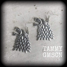 Load image into Gallery viewer, Wolf earrings Animal earrings Game of Thrones earrings House Stark Dire wolf Winterfell Tunnel earrings Plug earrings Gauged earrings Gauges