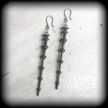 Load image into Gallery viewer, Wand earrings, Wizard earrings, Geek earrings, Nerd earrings, Magic earrings, Witch earrings, Pop Culture, Tunnel dangles, Spell earrings