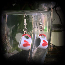 Load image into Gallery viewer, Tea cup earrings Heart earrings Coffee mug earrings Alice in Wonderland Queen of Hearts 6mm tunnel dangles 8mm plug earrings 4mm ear hangers
