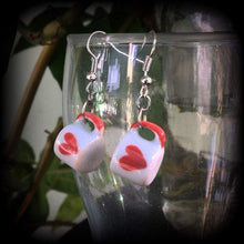 Load image into Gallery viewer, Tea cup earrings Heart earrings Coffee mug earrings Alice in Wonderland Queen of Hearts 6mm tunnel dangles 8mm plug earrings 4mm ear hangers