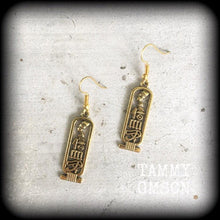 Load image into Gallery viewer, Cartouche earrings Nefertit earrings Egyptian earrings Evil eye earrings Eye of Ra Nefertiti jewelry Esoteric earrings Plug dangles Tunnels