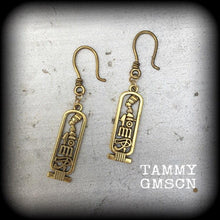 Load image into Gallery viewer, Nefertiti 8 gauge ear hangers Cartouche jewelry Egyptian 3mm Plug dangles Eye of Ra Eye of Horus Hanging gauges Gauged earrings 4mm 6mm 8mm