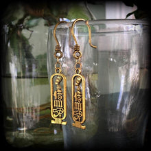 Load image into Gallery viewer, Nefertiti 8 gauge ear hangers Cartouche jewelry Egyptian 3mm Plug dangles Eye of Ra Eye of Horus Hanging gauges Gauged earrings 4mm 6mm 8mm