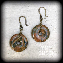 Load image into Gallery viewer, Jasper earrings Gemstone earrings Rhyolite Jasper jewelry 6mm plug earrings 3mm tunnel earrings Stone jewelry Dangle earrings Donut earrings