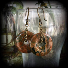 Load image into Gallery viewer, Jasper earrings Gemstone earrings Rhyolite Jasper jewelry 6mm plug earrings 3mm tunnel earrings Stone jewelry Dangle earrings Donut earrings
