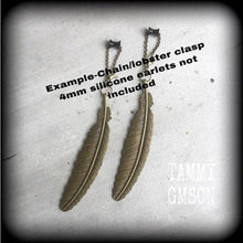 Load image into Gallery viewer, 0 gauge 6mm 8mm  2 gauge Feather ear hangers Bronze weights Tunnel dangles Plug dangles Wing Bird Boho Plug hangers Hanging gauges Gauges