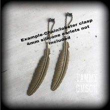 Load image into Gallery viewer, Feather earrings Bird earrings Dangle earrings Statement earrings Boho earrings 3mm plug earrings 2 gauge tunnel earrings 0g tunnel dangles