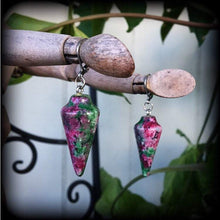 Load image into Gallery viewer, Gemstone earrings Ruby in Fuchsite Crystal earrings Dangle earrings Boho earrings Pagan Boho Quartz Dangle earrings Pierced ears Leverback
