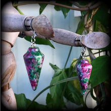 Load image into Gallery viewer, Gemstone earrings Ruby in Fuchsite Crystal earrings Dangle earrings Boho earrings Pagan Boho Quartz Dangle earrings Pierced ears Leverback