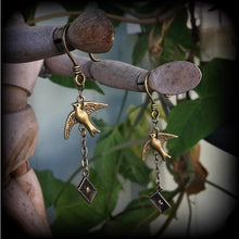 Load image into Gallery viewer, Tattoo ear hangers, Swallow ear weights, 6 gauge, 4 gauge, Bronze weights, Hanging gauges, Gauged earrings, Plug gauges, Tunnel dangles 0g