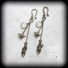 Load image into Gallery viewer, 2 gauge tunnel dangles, 0 g, 00 g, Alice in Wonderland, Ear weights, Bronze weights, Plug dangles, Rabbit, Hanging gauges, Gauged earrings