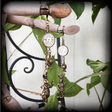 Load image into Gallery viewer, March Hare earrings, Teapot earrings, Fob watch earrings, Rabbit, Clock, Alice in Wonderland, Plug earrings, Tunnel earrings, Animal jewelry