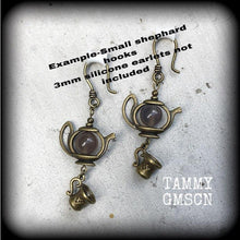 Load image into Gallery viewer, Tea pot earrings, Tea Cup earrings, Coffee earrings, Alice in Wonderland jewelry, Tunnel earrings, Tea Party earrings, Lewis Carroll, Gauges