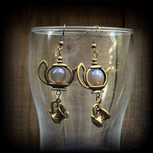 Load image into Gallery viewer, Tea pot earrings, Tea Cup earrings, Coffee earrings, Alice in Wonderland jewelry, Tunnel earrings, Tea Party earrings, Lewis Carroll, Gauges