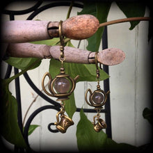 Load image into Gallery viewer, 6 gauge ear hangers, Tea pot plug dangles, Ear weights, Tunnel dangles, Alice in Wonderland, Bronze weights, Hanging gauges, Gauged earrings