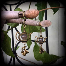 Load image into Gallery viewer, 6 gauge ear hangers, Tea pot plug dangles, Ear weights, Tunnel dangles, Alice in Wonderland, Bronze weights, Hanging gauges, Gauged earrings