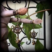 Load image into Gallery viewer, 6 gauge ear hangers, Tea pot plug dangles, Ear weights, Tunnel dangles, Alice in Wonderland, Bronze weights, Hanging gauges, Gauged earrings