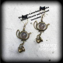 Load image into Gallery viewer, 6 gauge ear hangers, Tea pot plug dangles, Ear weights, Tunnel dangles, Alice in Wonderland, Bronze weights, Hanging gauges, Gauged earrings