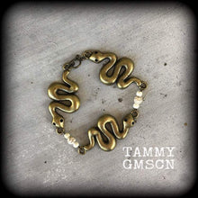 Load image into Gallery viewer, Damballah bracelet Voodoo bracelet Bronze bracelet Snake Bracelet Voodoo 'Ascending Snake' bracelet with bone white howlite stone beads