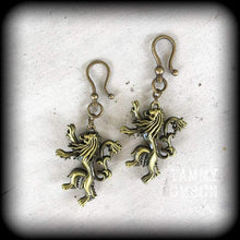 Load image into Gallery viewer, Rampant Lion earrings, House Lannister, Game of Thrones earrings, English lion earrings, Ear weights, Bronze weights, Tunnel earrings 0g 00g