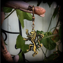 Load image into Gallery viewer, Rampant Lion earrings, House Lannister, Game of Thrones earrings, English lion earrings, Ear weights, Bronze weights, Tunnel earrings 0g 00g