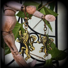 Load image into Gallery viewer, Rampant Lion earrings, House Lannister, Game of Thrones earrings, English lion earrings, Ear weights, Bronze weights, Tunnel earrings 0g 00g