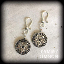 Load image into Gallery viewer, 2 gauge, 0 gauge, 00g, 12mm, 14mm Pentagram ear hangers, Ear weights, Tunnel dangles, Plug dangles, Esoteric Occult jewelry, Gauged earrings