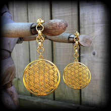 Load image into Gallery viewer, Flower of Life Ear hangers, 00g, 10mm, Seed of life jewelry, Plug dangles, Tunnel dangles, Gauged earrings, Hanging gauges, Sacred geometry