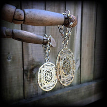 Load image into Gallery viewer, Chakras ear hangers, Flower of Life ear weights, Sacred Geometry, Esoteric weights, Fractal jewelry, 12mm, 14mm 16mm, Gauged earrings, 00g