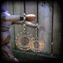 Load image into Gallery viewer, Chakras ear hangers, Flower of Life ear weights, Sacred Geometry, Esoteric weights, Fractal jewelry, 12mm, 14mm 16mm, Gauged earrings, 00g