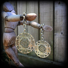 Load image into Gallery viewer, Chakras ear hangers, Flower of Life ear weights, Sacred Geometry, Esoteric weights, Fractal jewelry, 12mm, 14mm 16mm, Gauged earrings, 00g