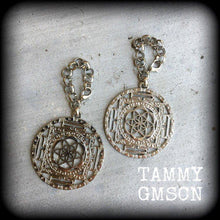 Load image into Gallery viewer, Chakras ear hangers, Flower of Life ear weights, Sacred Geometry, Esoteric weights, Fractal jewelry, 12mm, 14mm 16mm, Gauged earrings, 00g