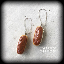 Load image into Gallery viewer, Donut earrings Chocolate donut Long johns Cake jewelry Bakery food Tunnel earrings Plug earrings Ear hangers Tunnel dangles Gauged earrings