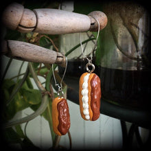 Load image into Gallery viewer, Donut earrings Chocolate donut Long johns Cake jewelry Bakery food Tunnel earrings Plug earrings Ear hangers Tunnel dangles Gauged earrings