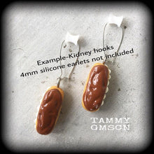 Load image into Gallery viewer, Donut earrings Chocolate donut Long johns Cake jewelry Bakery food Tunnel earrings Plug earrings Ear hangers Tunnel dangles Gauged earrings