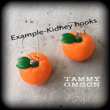 Load image into Gallery viewer, Mandarin earrings Fruit earrings Vegan jewelry Food jewelry Tunnel dangles Tunnel earrings Hanging gauges Ear hangers 2g 4g 6g 8g 0g 00g