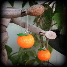 Load image into Gallery viewer, Mandarin earrings Fruit earrings Vegan jewelry Food jewelry Tunnel dangles Tunnel earrings Hanging gauges Ear hangers 2g 4g 6g 8g 0g 00g