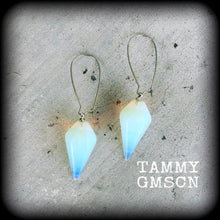 Load image into Gallery viewer, Opalite earrings Dangle earrings Moonstone earrings Gauged earrings Gemstone earrings Boho earrings Pagan Pan Goddess Wicca Pierced ears