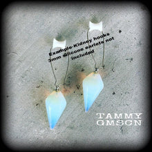 Load image into Gallery viewer, Opalite earrings Dangle earrings Moonstone earrings Gauged earrings Gemstone earrings Boho earrings Pagan Pan Goddess Wicca Pierced ears