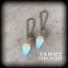 Load image into Gallery viewer, 8mm 0 gauge tunnel dangles Opalite ear weights 6 gauge Moonstone ear hangers 2 gauge Tunnel earrings 10mm Gauges Plug earrings Plug dangles