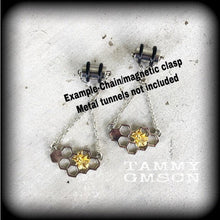 Load image into Gallery viewer, Bee earrings Bee hive earrings Hexagon jewelry Insect Tunnel earrings Geometric earrings Plug earrings Hanging gauges Tunnel dangles Plugs