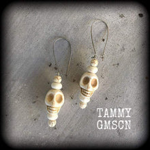 Load image into Gallery viewer, Skull earrings Day of the Dead earrings Halloween earrings Frost Bite earrings Gothic jewelry Skull ear hangers Tunnel earrings Plug earring