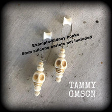 Load image into Gallery viewer, Skull earrings Day of the Dead earrings Halloween earrings Frost Bite earrings Gothic jewelry Skull ear hangers Tunnel earrings Plug earring