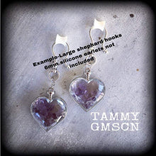 Load image into Gallery viewer, Amethyst earrings Heart earrings Valentines Gemstone Crystal Pierced ears Gauged earrings Plug earrings Dangly plugs Ear hangers Ear weights